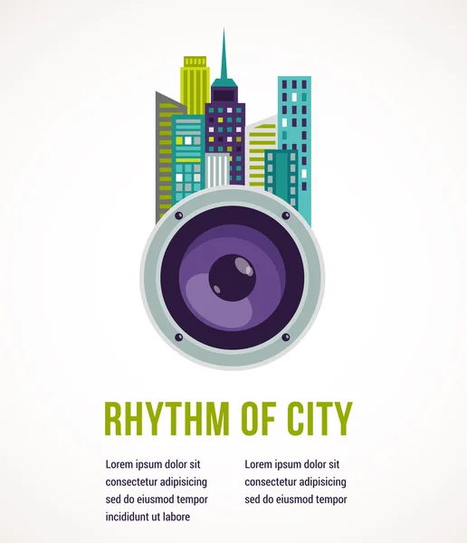 Musik city - förstärkare och byggnader — Stock vektor