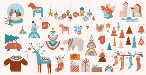 メリークリスマスボヘミアンコレクション。ベクトルトレンディーなクリスマスのデザインとイラスト。虹、装飾、北欧の冬の要素 — ストックベクタ