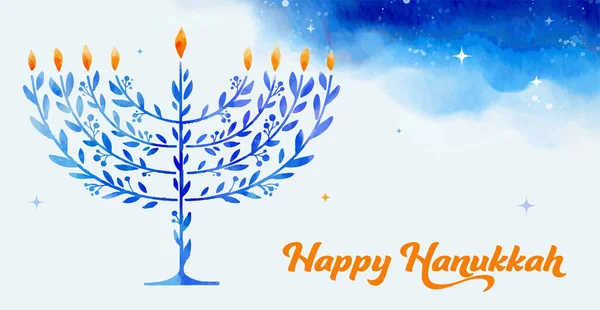 Happy Hanukkah, vector aquarel illustratie, banner ontwerp. Traditionele joodse vakantie wenskaart met menorah en dreidels — Stockvector