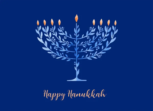 Feliz Hanukkah, ilustração de aquarela vetorial, design de banner. Tradicional cartão de saudação feriado judaico com menorah e dreidels —  Vetores de Stock