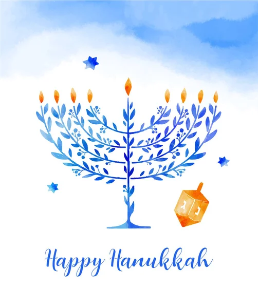 Feliz Hanukkah, ilustração de aquarela vetorial, design de banner. Tradicional cartão de saudação feriado judaico com menorah e dreidels —  Vetores de Stock