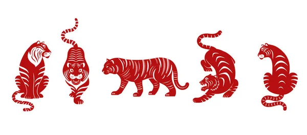 Chinesisches Neujahr 2022 Jahr des Tigers - Sammlung traditioneller roter chinesischer Tierkreiszeichen, Illustrationen, Kunstelemente. , Lunar Neujahrskonzept, modernes Design — Stockvektor