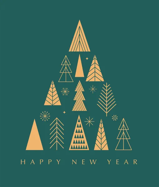 Simple Christmas trees background, geometric minimalist style. Happy new year banner. Xmas tree, snowflakes, decorations elements. Retro clean concept design — Stock Vector