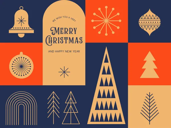 Fondo simple de Navidad, elegante estilo geométrico minimalista. Feliz año nuevo banner. Copos de nieve, decoraciones y elementos de árboles de Navidad. Diseño de concepto limpio retro — Archivo Imágenes Vectoriales