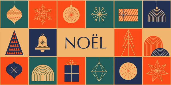 Fondo simple de Navidad, elegante estilo geométrico minimalista. Feliz año nuevo banner. Copos de nieve, decoraciones y elementos de árboles de Navidad. Diseño de concepto limpio retro — Archivo Imágenes Vectoriales