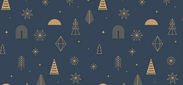 Fond de Noël simple, éléments minimalistes géométriques dorés et icônes. Bonne bannière de nouvelle année. Arbre de Noël, flocons de neige, éléments de décoration. Conception de concept propre rétro — Image vectorielle