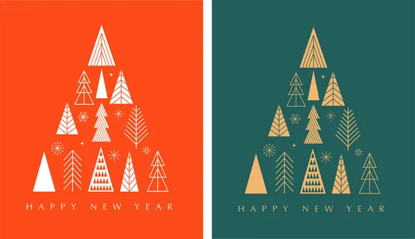 Arbres de Noël simple fond, style géométrique minimaliste. Bonne bannière de nouvelle année. Arbre de Noël, flocons de neige, éléments de décoration. Conception de concept propre rétro — Image vectorielle