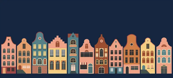 Casas de los Países Bajos, Amsterdam casas coloridas tradicionales, ilustraciones de arquitectura — Vector de stock