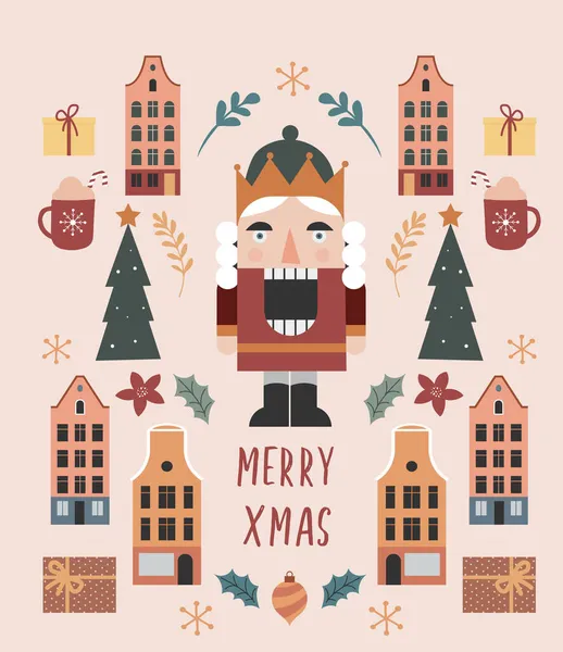 Винтажный стиль Веселый рождественский плакат, Рождественский базар, уличная ярмарка концепция с ретро иконами и элементами — стоковый вектор