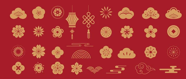 Ornamentos tradicionais chineses, Conjunto de decorações do ano lunar, flores, lanternas, nuvens, elementos e ícones — Vetor de Stock