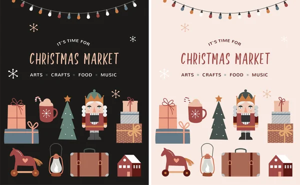 Estilo vintage Cartaz de Natal feliz, mercado de Natal, conceito de feira de rua com ícones retro e elementos —  Vetores de Stock