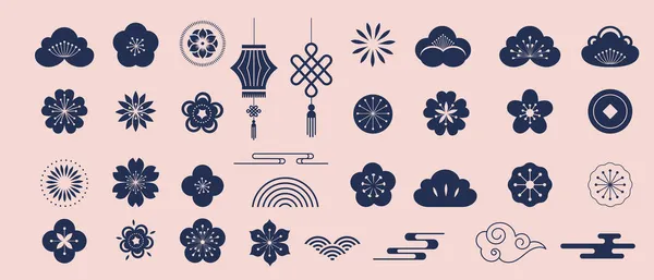 Ornements traditionnels chinois, Décorations de l'année lunaire, fleurs, lanternes, nuages, éléments et icônes — Image vectorielle