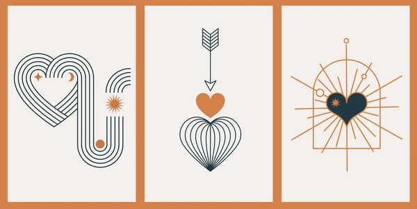 Cartes de vœux minimalistes pour la Saint Valentin de Bohême, estampes murales. Coeur, lèvres, soleil et arc-en-ciel, modèles de conception, éléments de conception abstraits géométriques pour la décoration — Image vectorielle