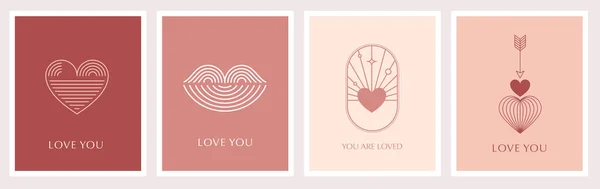 Cartes de vœux minimalistes pour la Saint Valentin de Bohême, estampes murales. Coeur, lèvres, soleil et arc-en-ciel, modèles de conception, éléments de conception abstraits géométriques pour la décoration — Image vectorielle