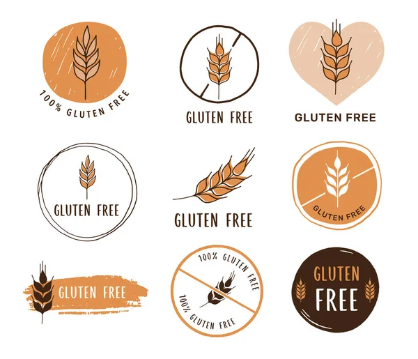 Sans gluten, icônes dessinées à la main, autocollants, illustrations — Image vectorielle