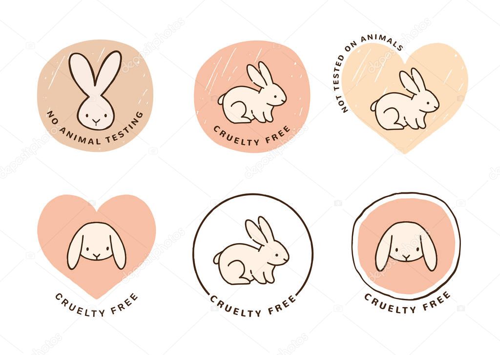Cruelty Free, Note tested on animals hand drawn icons, logos, stamps, Organic, vegan and natural. Vector illustration