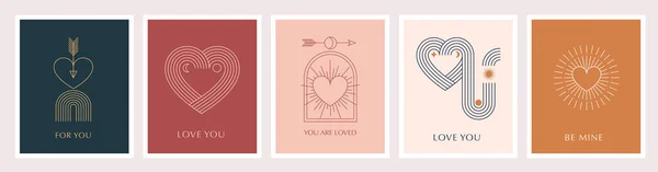 Cartes de vœux minimalistes pour la Saint Valentin de Bohême, estampes murales. Coeur, lèvres, soleil et arc-en-ciel, modèles de conception, éléments de conception abstraits géométriques pour la décoration — Image vectorielle