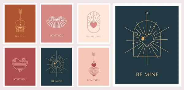 Minimalistische Grusskarten zum Valentinstag, Wandbilder. Herz, Lippen, Sonne und Regenbogen, Designvorlagen, geometrische abstrakte Gestaltungselemente zur Dekoration — Stockvektor