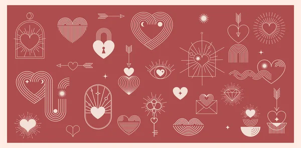 Minimalist Bohem Sevgililer Günü elementleri, sanat doğrusal sembolleri ve simgeler, kalp, dudak, güneş ve gökkuşağı, tasarım şablonları, dekorasyon için geometrik soyut tasarım elementleri — Stok Vektör