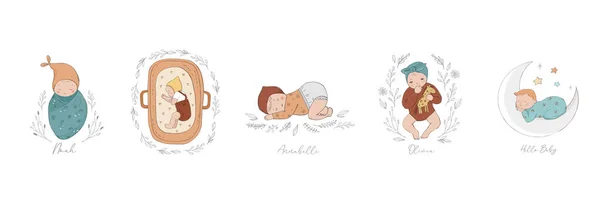 Ilustraciones de moda para bebés y niños, invitaciones para duchas de bebés dibujadas a mano, anuncio de nacimiento. Estilo vintage. ilustraciones vectoriales — Archivo Imágenes Vectoriales