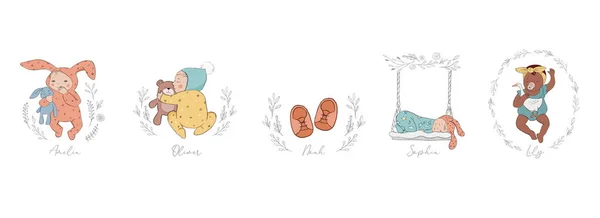 Illustrazioni trendy di neonati e bambini, inviti per baby shower disegnati a mano, annuncio di nascita. Stile vintage. Illustrazioni vettoriali — Vettoriale Stock