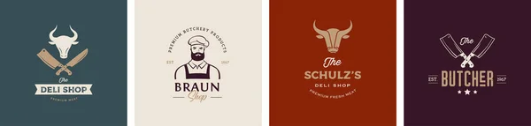 Slagerij, gourmet, deli winkel logo design. Hipster slager, messen en koeiensymbolen — Stockvector