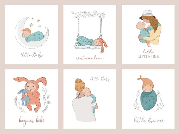 Trendy baby and children cards, baby shower invites, birth announcement. Vintage style. Vector illustrations — Vettoriale Stock