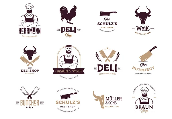 Carnicería, gourmet, diseño de logotipo de tienda de delicatessen. Carnicero Hipster, cuchillos y símbolos de vaca — Archivo Imágenes Vectoriales