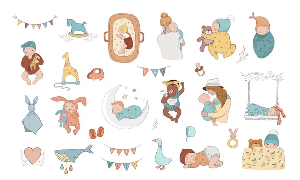 Ilustraciones de moda para bebés y niños, invitaciones para duchas de bebés dibujadas a mano, anuncio de nacimiento. Estilo vintage. ilustraciones vectoriales — Archivo Imágenes Vectoriales