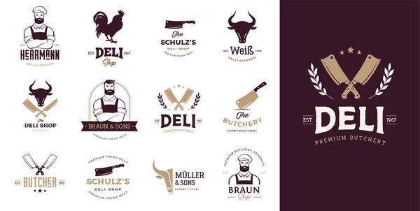 Carnicería, gourmet, diseño de logotipo de tienda de delicatessen. Carnicero Hipster, cuchillos y símbolos de vaca — Archivo Imágenes Vectoriales