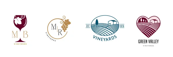 Vin, vingård, ekologisk naturlig vingård logotyp samling. Vinodling fält och druvor symboler och ikoner — Stock vektor