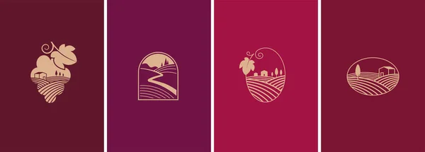 Vinho, vinha, coleção de logotipo da adega natural orgânica. Campo de vinha e símbolos e ícones de uvas —  Vetores de Stock