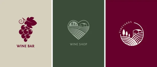 Şarap, üzüm bağı, organik doğal şaraphane logosu koleksiyonu. Üzüm bağları, üzüm bağları semboller ve simgeler — Stok Vektör