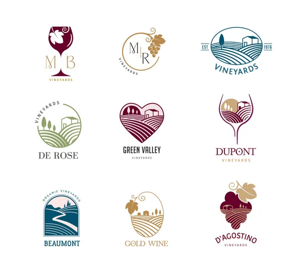 Şarap, üzüm bağı, organik doğal şaraphane logosu koleksiyonu. Üzüm bağları, üzüm bağları semboller ve simgeler — Stok Vektör