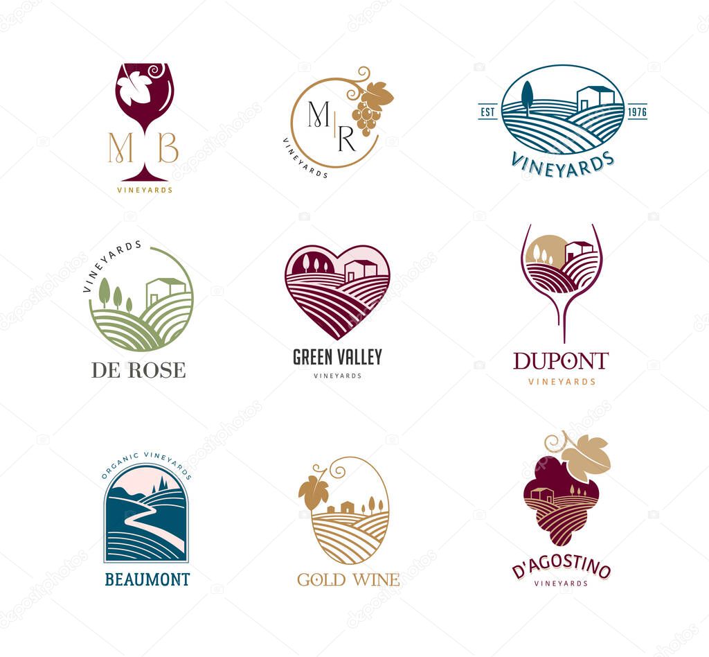 Wine, vineyard, organic natural winery logo collection. Vineyard field and grapes symbols and icons . Vector illustration