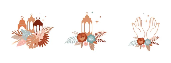 Ramadán Kareem diseño islámico moderno. Luna creciente, linternas con flores y manos de oración, ilustraciones boho, arreglos — Vector de stock