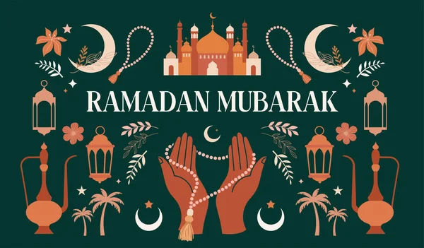 Ramadan Mubarak design de banner de estilo moderno, fundo com ilustrações boho, lua, cúpula da mesquita, mãos e lanternas de oração — Vetor de Stock