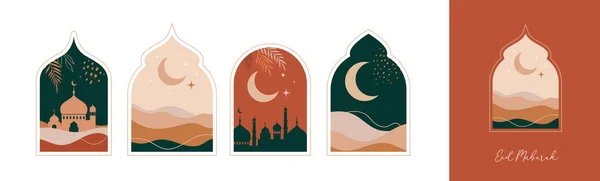 Coleção de estilo oriental janelas islâmicas e arcos com design moderno boho, lua, mesquita cúpula e lanternas — Vetor de Stock