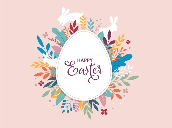 Feliz Pascua, cartel, tarjeta de felicitación. Diseño de Pascua de moda con tipografía, conejos, flores, huevos, orejas de conejo, en colores pastel. Estilo minimalista moderno — Vector de stock