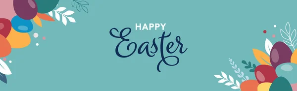 Glad påsk banner, affisch, gratulationskort. Trendig påsk design med typografi, kaniner, blommor, ägg, kaninöron, i pastellfärger. Modern minimal stil — Stock vektor