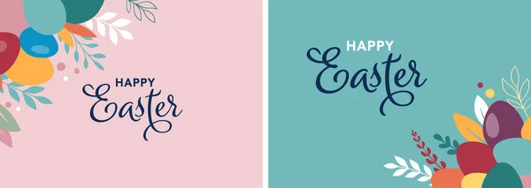 Frohe Ostern Banner Plakat Grußkarte Trendiges Osterdesign Mit Typografie Hasen — Stockvektor