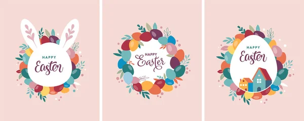 Boldog húsvéti bannert, plakátot, üdvözlőlapot. Trendi húsvéti design tipográfiával, nyuszikkal, virágokkal, tojásokkal, nyuszifülekkel, pasztell színekben. Modern minimál stílus — Stock Vector