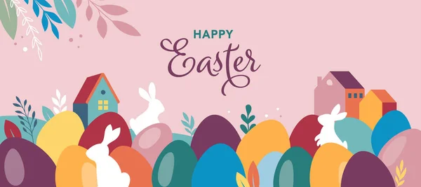 Glad påsk banner, affisch, gratulationskort. Trendig påsk design med typografi, kaniner, blommor, ägg, kaninöron, i pastellfärger. Modern minimal stil — Stock vektor