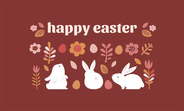 Feliz Pascua, cartel, tarjeta de felicitación. Diseño de Pascua de moda con tipografía, conejos, flores, huevos, orejas de conejo, en colores pastel. Estilo minimalista moderno — Vector de stock