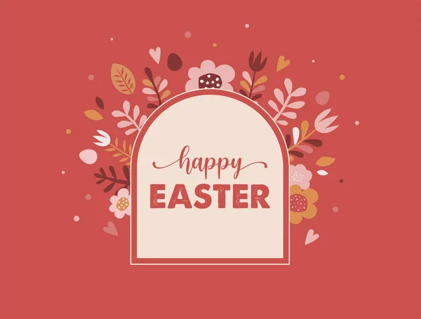 Feliz Pascua, cartel, tarjeta de felicitación. Diseño de Pascua de moda con tipografía, conejos, flores, huevos, orejas de conejo, en colores pastel. Estilo minimalista moderno — Vector de stock