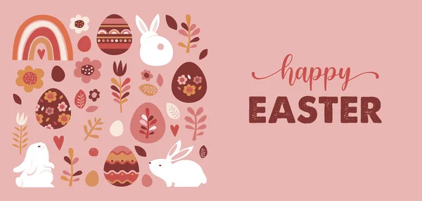 Happy Easter banner, poster, greeting card. Trendy Easter design with typography, bunnies, flowers, eggs, bunny ears, in pastel colors. Modern minimal style — Stock Vector