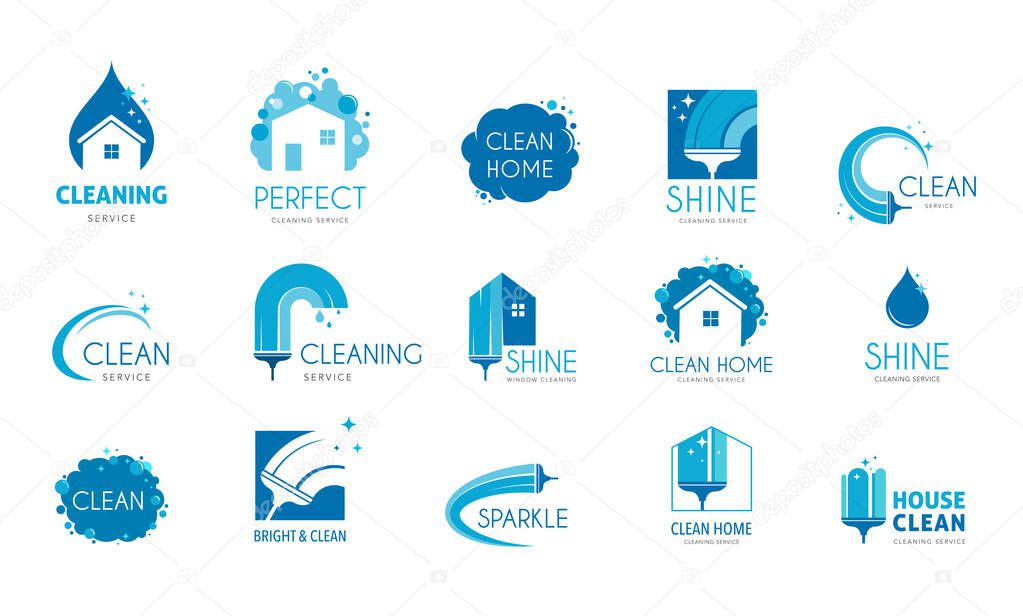 Cleaning services logo collection in blue colors. Vector illustration