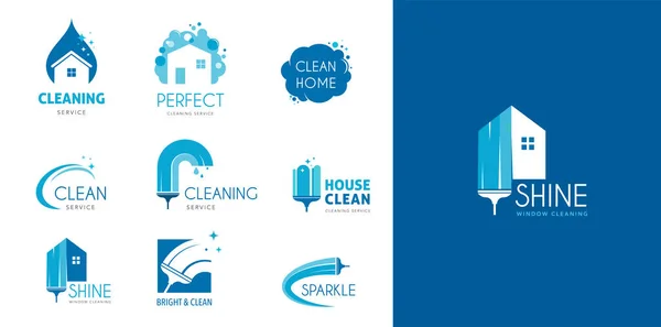 Temizlik hizmetleri logo koleksiyonu mavi renklerde — Stok Vektör
