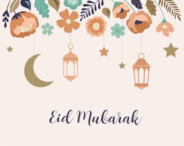 Modern bohem tarzı Ramazan Mübarek tebrik kartı, retro boho tasarımlı pankart, ay, cami kubbesi ve fener. 