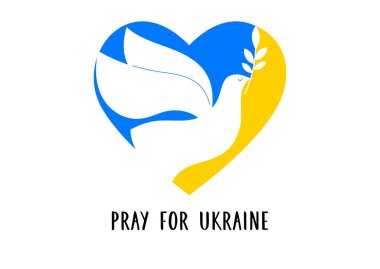 Uçan kuş, barışın sembolü olarak güvercin. Ukrayna 'yı destekleyin, Ukrayna bayrağı ve sarı ve mavi renkli posterle ayakta durun